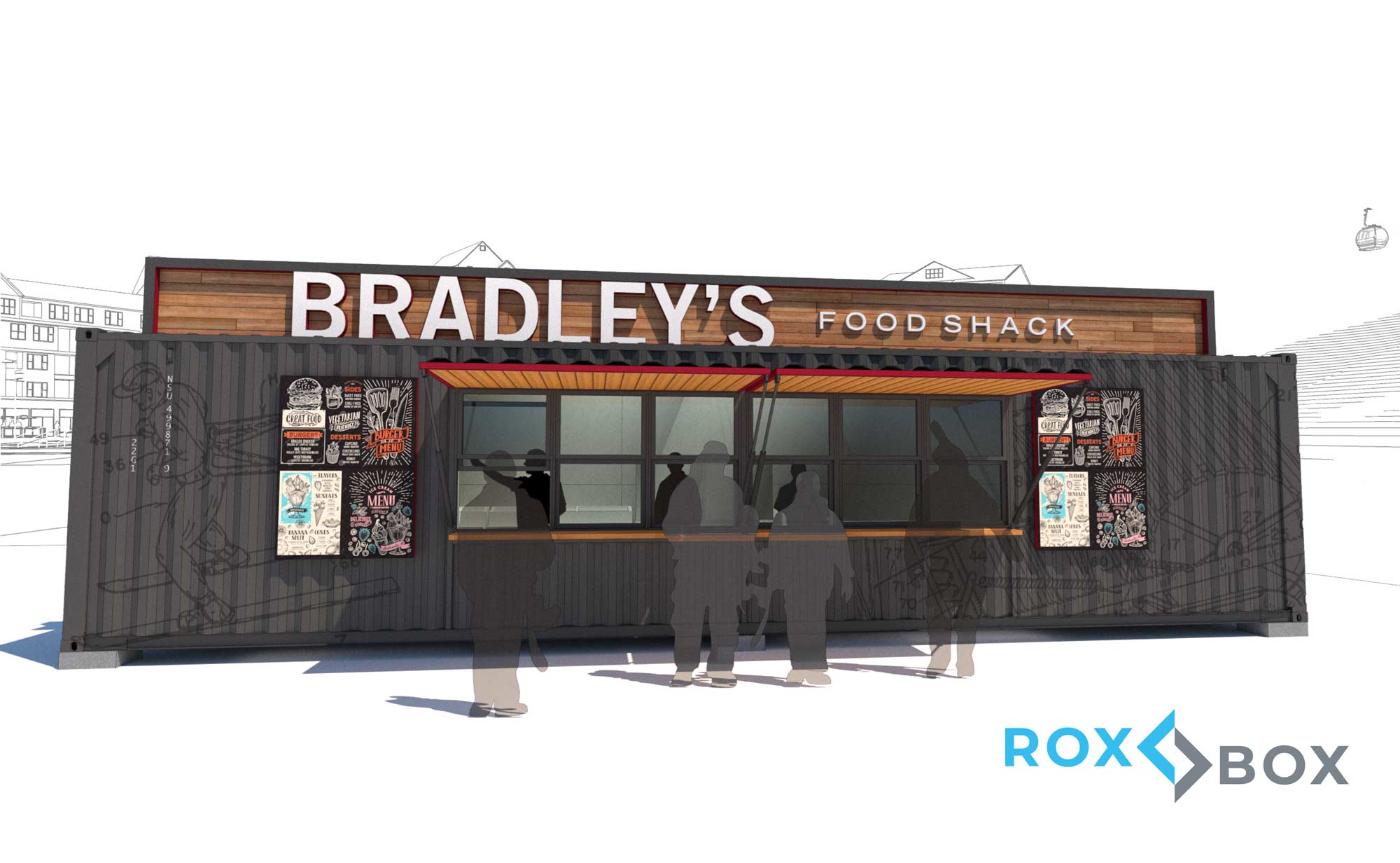 Conceptual rendering of Bradley's custom shipping container kitchen at Winter Park Resort built by ROXBOX Containers.