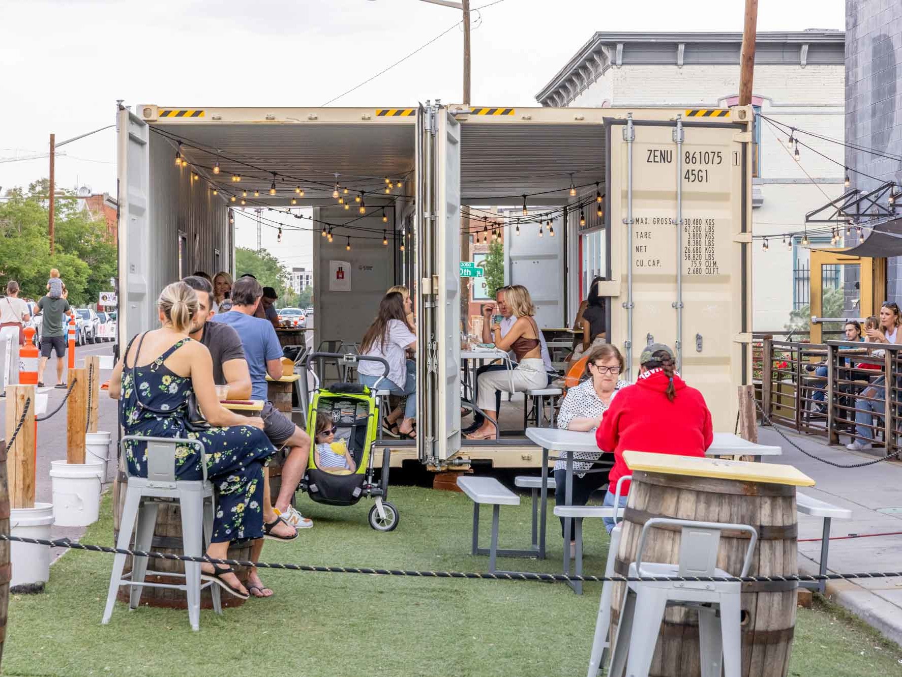 The Block Distilling Company custom shipping container patio seating area built by ROXBOX Containers.