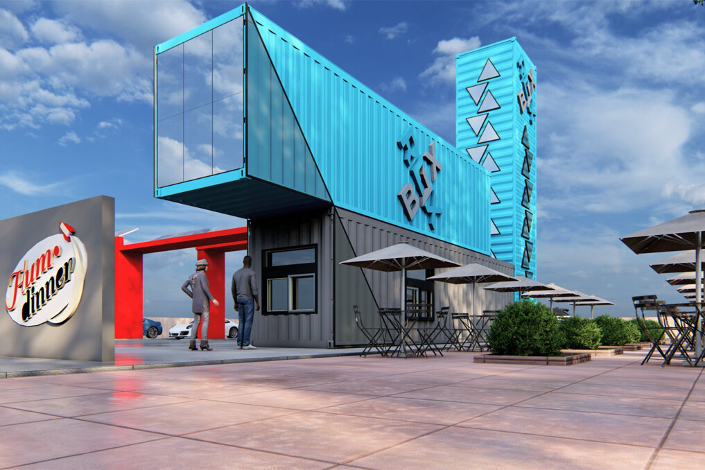 Rendering of one of ROXBOX Containers' Humdinner Quick Service Restaurant (QSR) shipping container concepts.