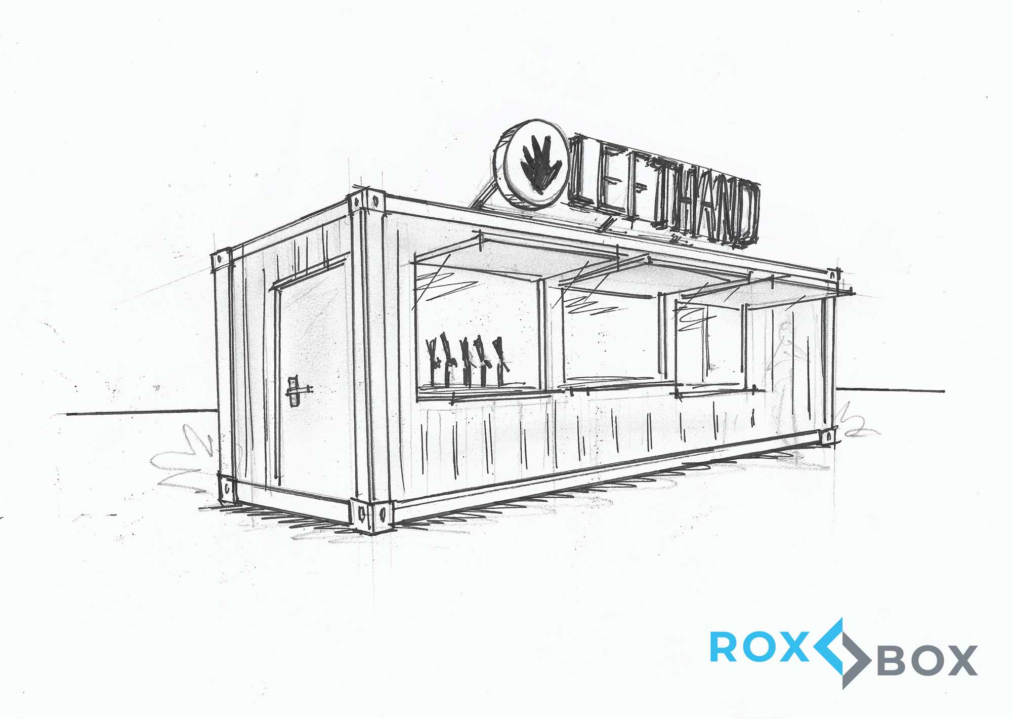 Napkin sketch of Left Hand Brewing Company's custom shipping container bar built by ROXBOX Containers.