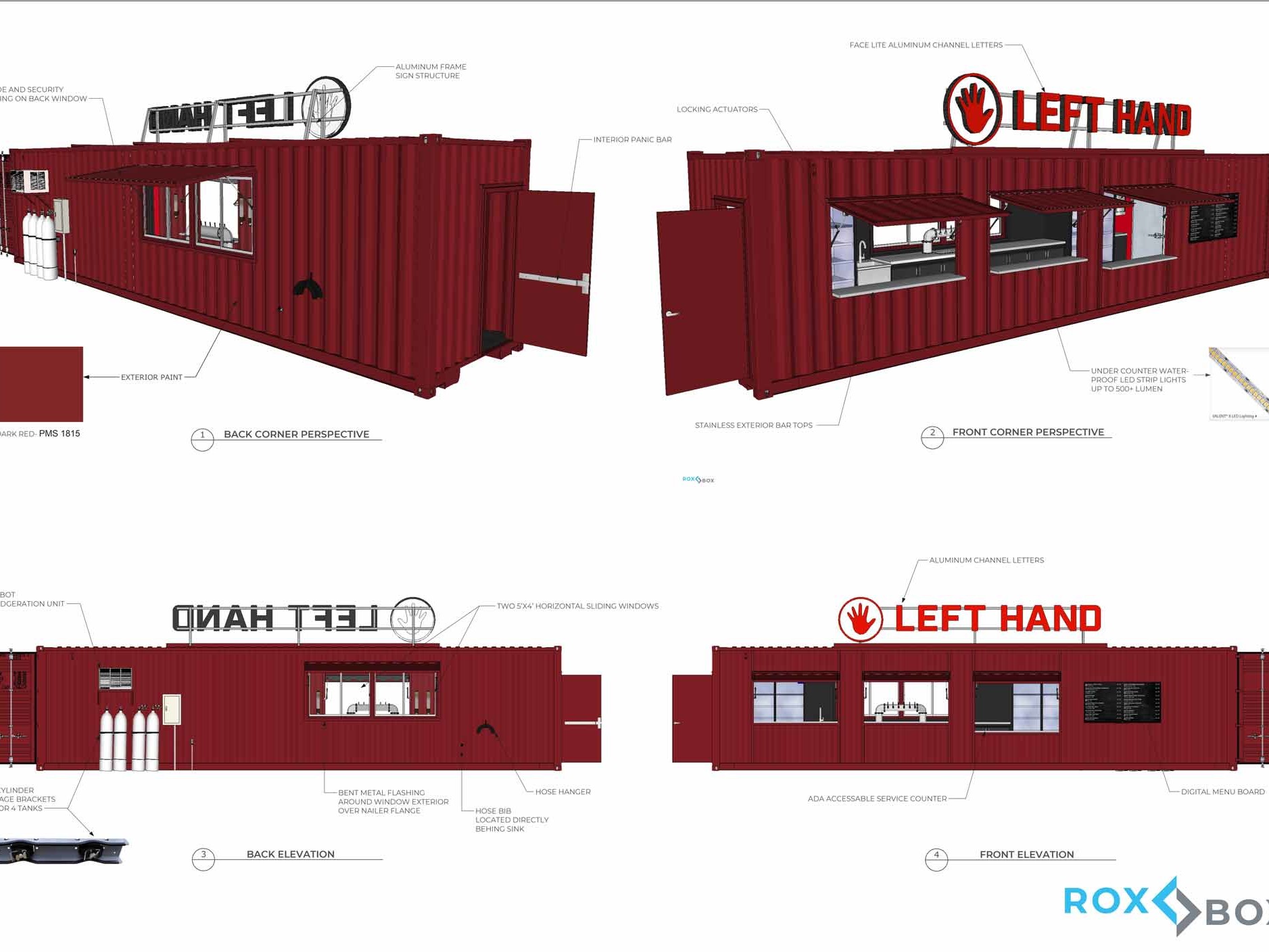 Renderings of Left Hand Brewing Company's custom shipping container bar built by ROXBOX Containers.